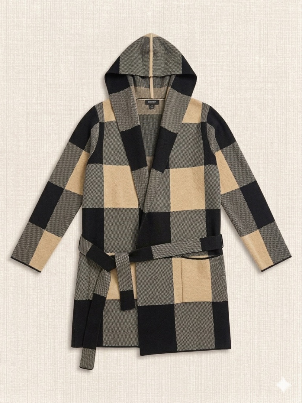 Rachel Zoe Black, Beige & Gray Hooded Plaid Wrap Coat
